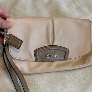 Coach Neutral Leather Wristlet Clutch with Signature Plaque